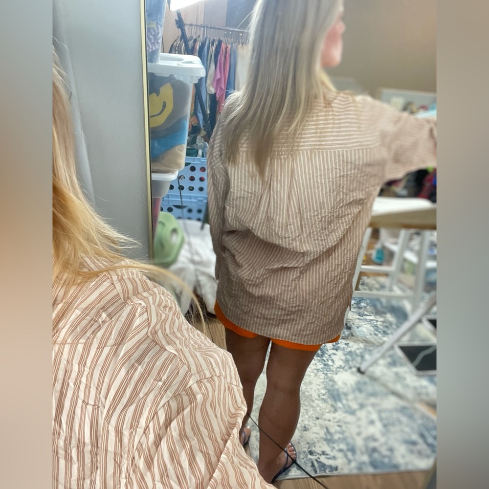 Zara Oversized Button Down Shirt Wrinkle Style Tan Apricot Striped Women’s‎ XS - Picture 8 of 16